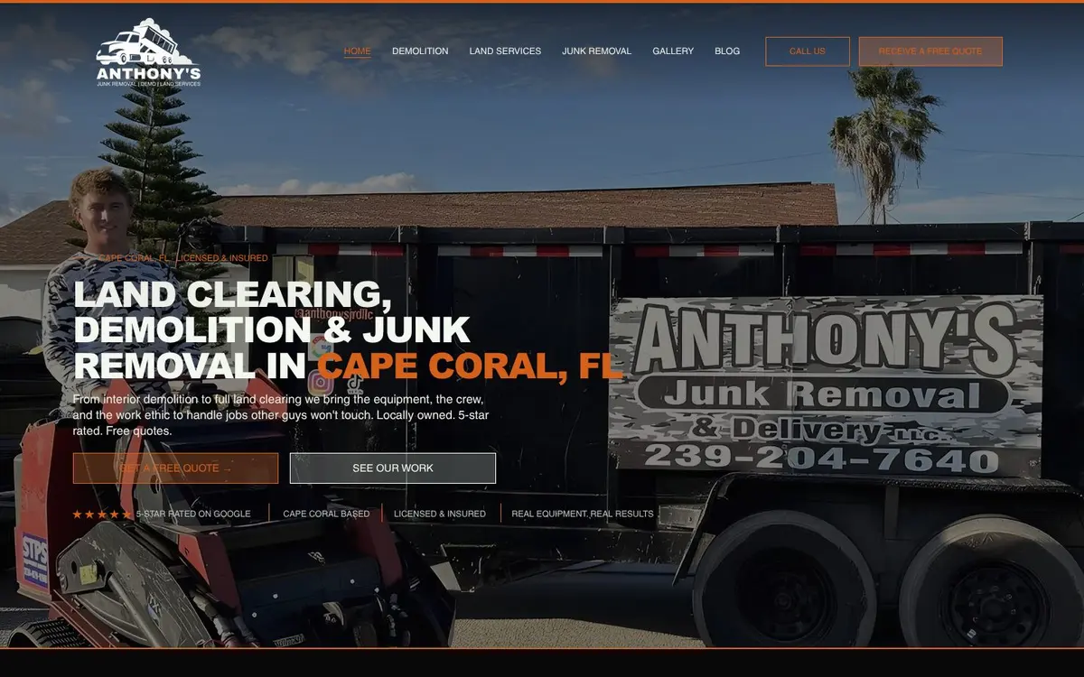 Anthony's Junk Removal website homepage