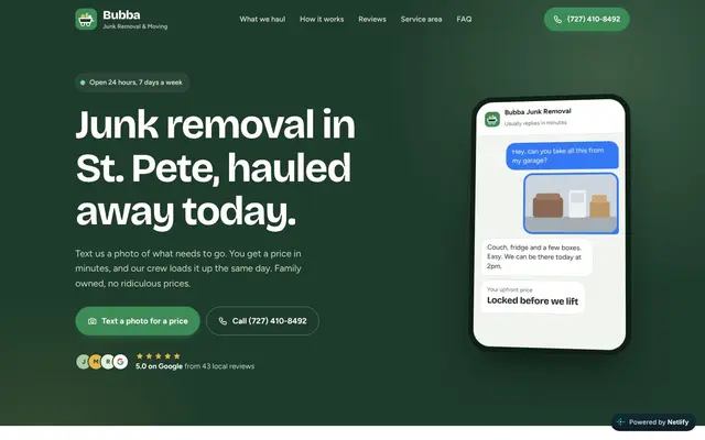 Bubba's Junk Removal website concept homepage